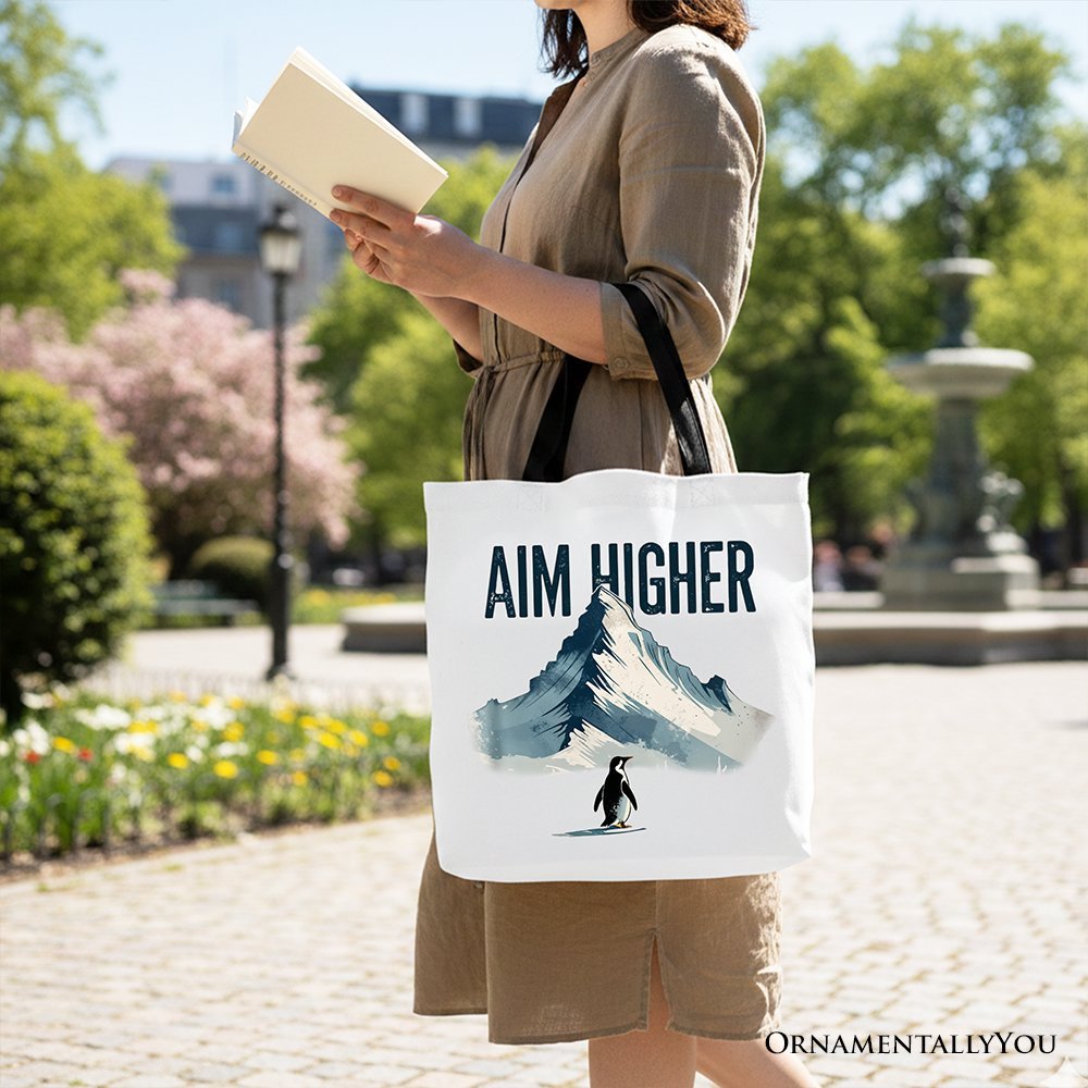 Aim Higher Penguin Tote Bag, Vintage Mountain Motivational Quote Gift Shopper - Inner Stride Apparel