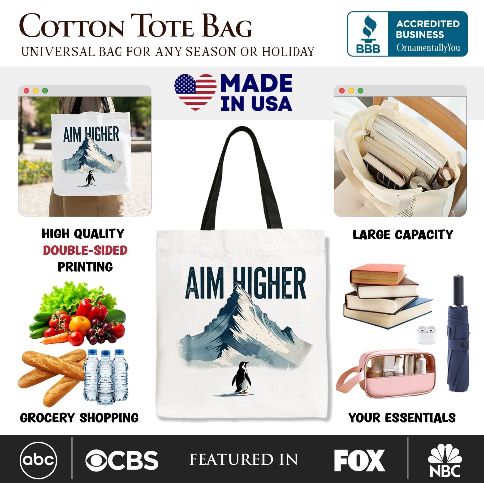 Aim Higher Penguin Tote Bag, Vintage Mountain Motivational Quote Gift Shopper - Inner Stride Apparel