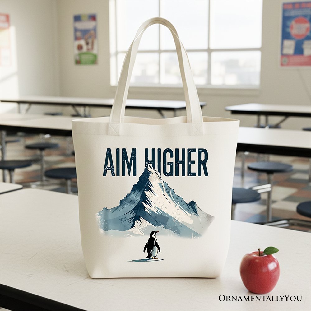Aim Higher Penguin Tote Bag, Vintage Mountain Motivational Quote Gift Shopper - Inner Stride Apparel