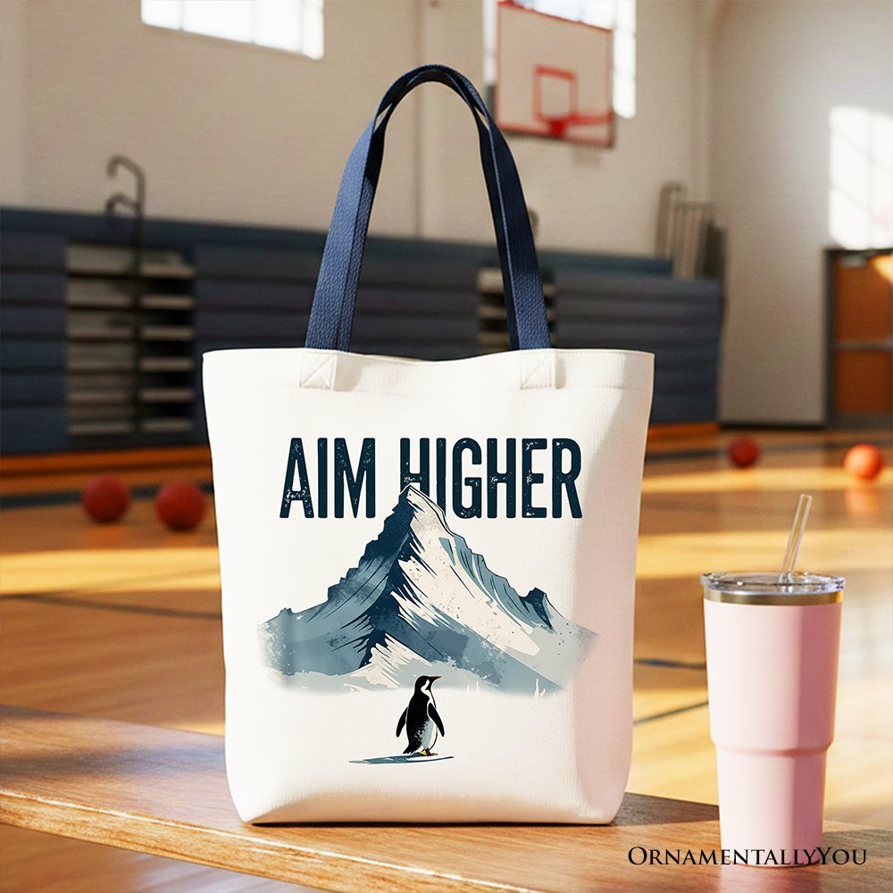 Aim Higher Penguin Tote Bag, Vintage Mountain Motivational Quote Gift Shopper - Inner Stride Apparel
