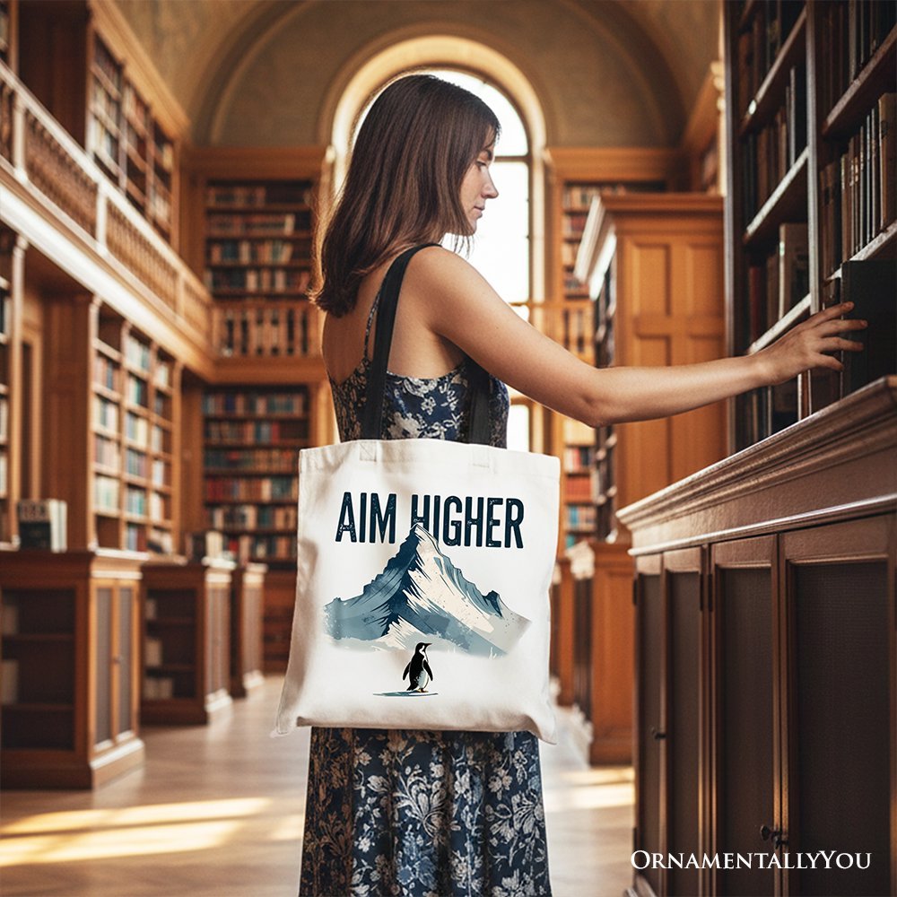 Aim Higher Penguin Tote Bag, Vintage Mountain Motivational Quote Gift Shopper - Inner Stride Apparel