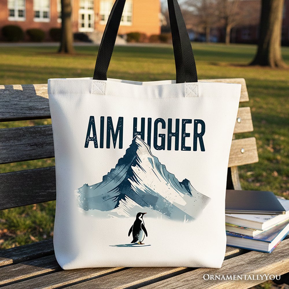 Aim Higher Penguin Tote Bag, Vintage Mountain Motivational Quote Gift Shopper - Inner Stride Apparel